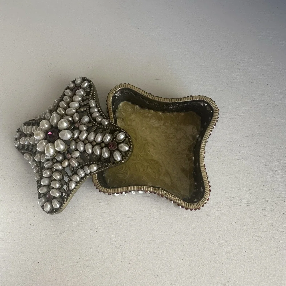 Vintage Pearl‎ & Rhinestone Encrusted Metal Trinket Box 2.5